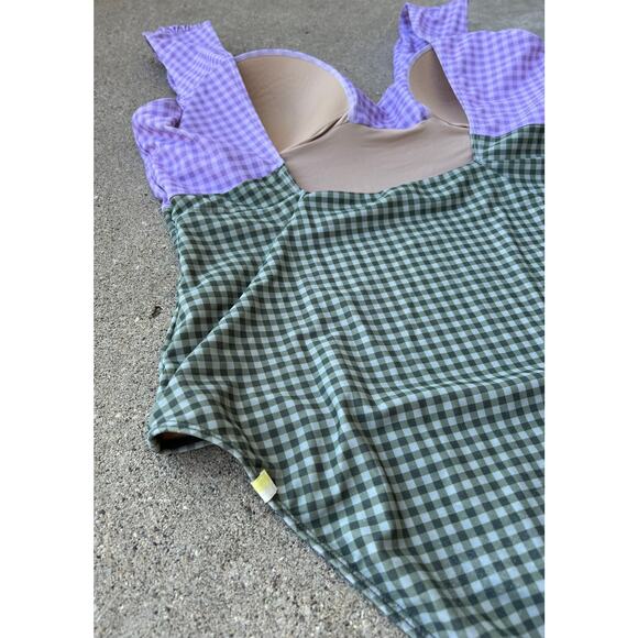 Summersalt The Ruched Backflip Swimsuit - Gingham in Lavender & Ivy, Size 14 - Picture 4 of 10